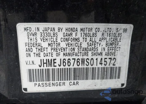 1998 Honda Civic Lx z USA, uszkodzony, nr VIN JHMEJ6676WS014572